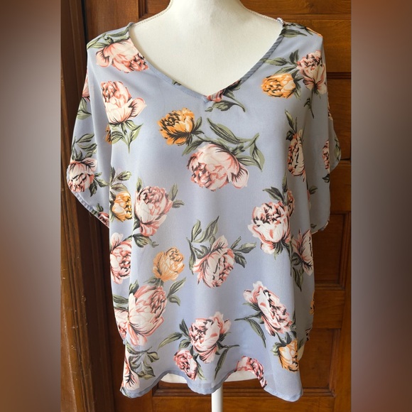Live 4 Truth Floral V-Neck Cold Shoulder Blouse - Soft Blue and Peach - Picture 1 of 6